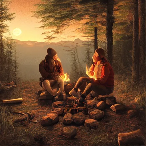Image similar to guy and girl sitting beside cozy campfire at night, digital art by Ivan Shishkin