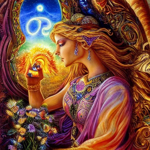 Image similar to goddess by josephine wall, goddess riding ram, flying ram, golden ram, goddess checking her phone, erupting volcano in distance, flowers in foreground, sun setting on right side of image, stars in sky on left side of image, trending on artstation, fantasy, intricately detailed