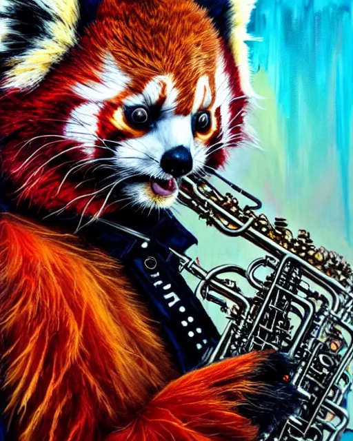 Image similar to a portrait of an anthropomorphic cyberpunk single red panda wailing on the saxophone by sandra chevrier, by jon foster, detailed render, tape deck, epic composition, cybernetics, 4 k realistic, cryengine, realistic shaded lighting, sharp focus, masterpiece, by enki bilal