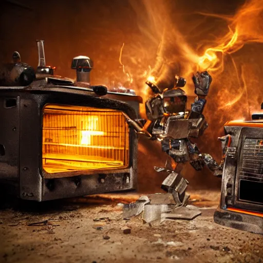 Image similar to head of toaster oven mecha, dark messy smoke - filled cluttered workshop, dark, dramatic lighting, orange tint, cinematic, highly detailed, sci - fi, futuristic, movie still