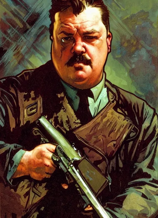 Prompt: gk chesterton as a mercenary with muscles and a shotgun. portrait by james gurney and craig mullins and alphonso mucha. realistic face. expressive face.