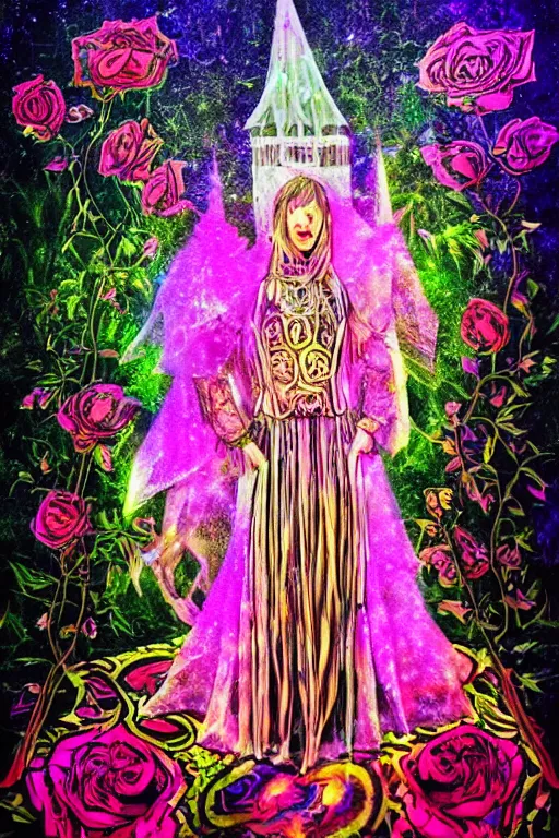 Prompt: Psychedelic black light style, nostalgia of a fairytale, elegant fairytale tower covered in roses, full body portrait of medieval princess, cottagecore, Exquisite, dramatic lighting