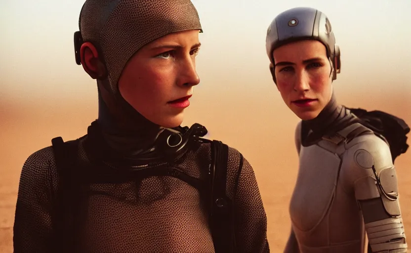 Image similar to cinestill 5 0 d photographic portrait by helen levitt of two loving female androids wearing rugged black mesh techwear on a desolate plain, extreme closeup, modern cyberpunk, dust storm, 8 k, hd, high resolution, 3 5 mm, f / 3 2, ultra realistic faces, ex machina