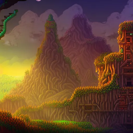 Image similar to portrait of Terraria Base, Terraria game, atmospheric lighting, painted, intricate, golden hour, ultra detailed by Leesha Hannigan, Ross Tran, Thierry Doizon, Kai Carpenter,Ignacio Fernández Ríos