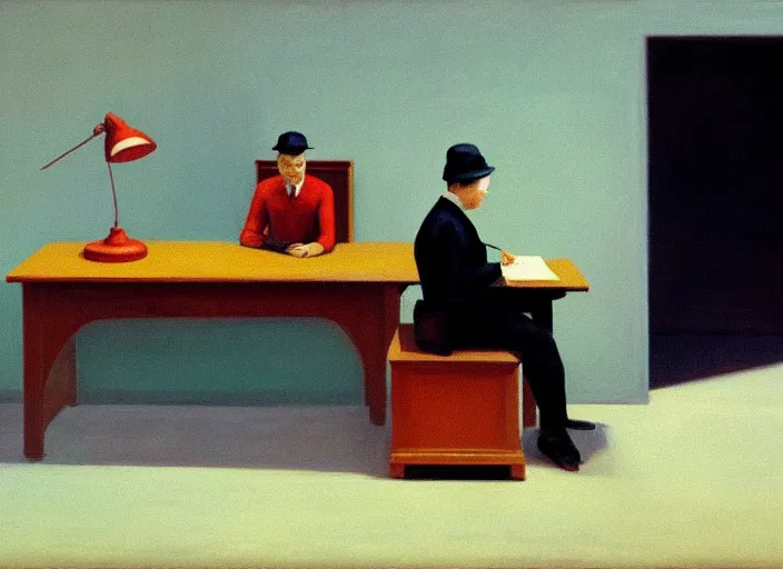 Prompt: painting of a lonely man sitting at his desk in an empty, huge office, in the style of edward hopper