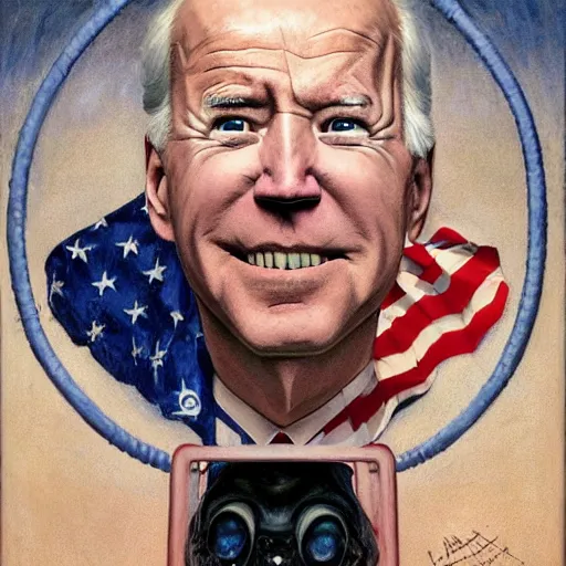 Image similar to terrifying, surreal portrait of joe biden with face sloughing off to reveal robot underneath l by j. c. leyendecker, bosch, william blake, stephen gammell, jon mcnaughton, and beksinski