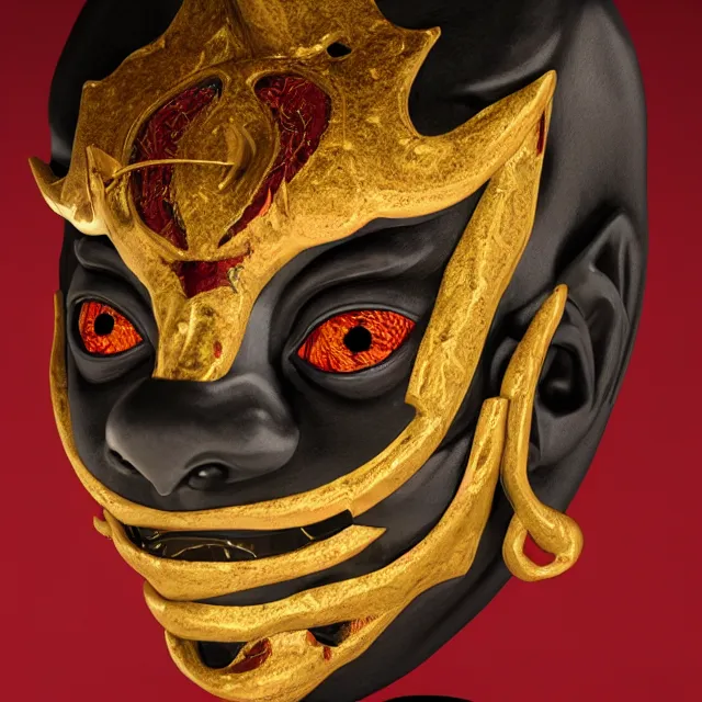 Prompt: a black hannya (般若) mask, kintsugi, symmetrical, centered, ornate, details, smooth, sharp focus, illustration, realistic, cinematic, artstation, award winning, rgb , unreal engine, octane render, cinematic light, macro, depth of field, blur, red light and clouds from the back, 8K,