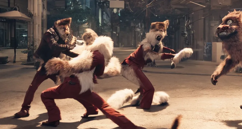 Image similar to still of nicolas cage beating up furry cosplayers, 4 k, octane render, choreographed fight scene, composition, shot by director park chan - wook