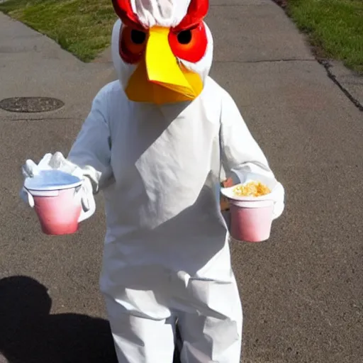 Prompt: Walter White dressed up as a chicken from Los Pollos Hermanos
