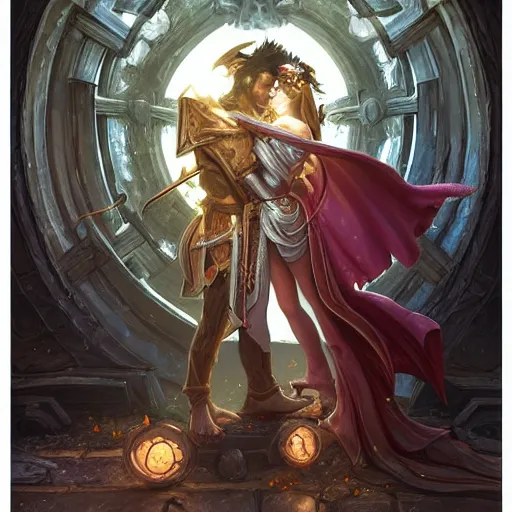 Image similar to a young couple, a mortal male rogue and a lightning goddess! hugging each other in front of the portal of eternity!, D&D, fantasy, intricate, elegant, highly detailed, digital painting, artstation, concept art, matte, sharp focus, illustration, hearthstone, art by Artgerm and Greg Rutkowski and Alphonse Mucha