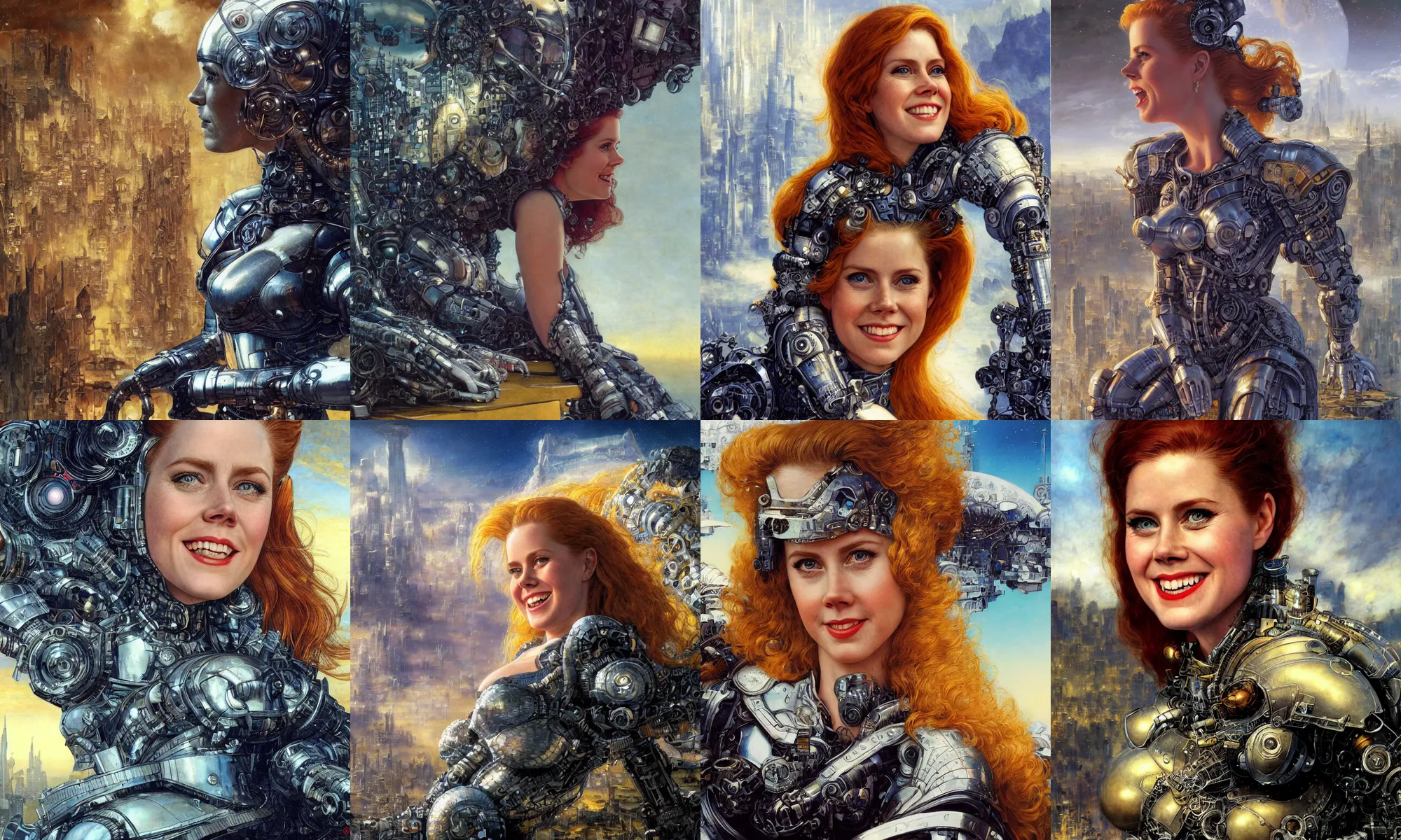 Image similar to close - up portrait of epic young amy adams smiling into camera, intricate cyborg armor, sitting on a bench, vista of futuristic city, windy, golden hour, wlop, by gerald brom, by mikhail vrubel, by peter elson, extreme detail, trending on artstation