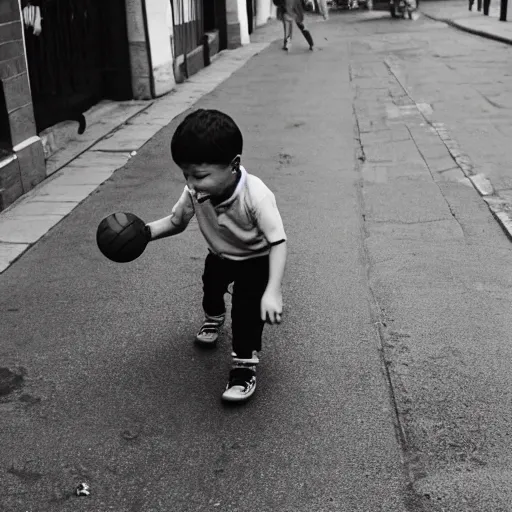 Image similar to a boy playing with a ball in the street vintage style