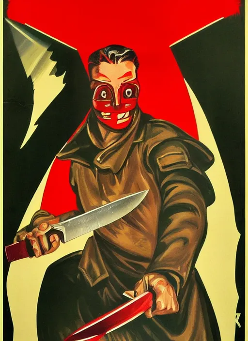 Image similar to man in hood and red eyes with a knife, 1940s propaganda poster, full hd,highly detailed