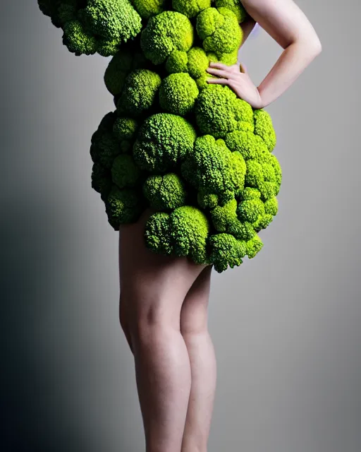 Prompt: olivia wearing an outfit made of broccoli, runway model at new york fashion week, curvy, black hair, freckles, pale skin, half body shot, photo by greg rutkowski, stage lighting, soft colors, female beauty, intricate detail, elegance, 3 5 mm, depth of field, masterpiece