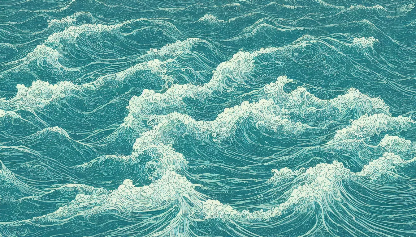 Image similar to huge waves far out at sea drawing by Victo Ngai, minimalist, detailed, land in sight, kilian eng, josan gonzalez
