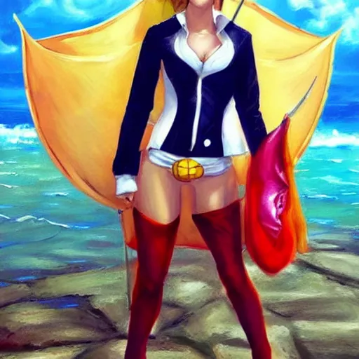 Image similar to beautiful emma watson cosplay as nami from one piece, oil painting, full body.