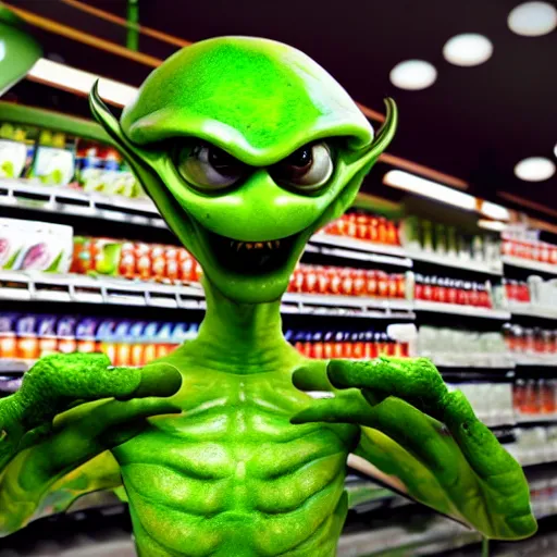 Image similar to mid shot of a green alien buying groceries at the store shot by amanda carlson and alex strelkovv, professional photo, masterpiece, very detailed, 4 k