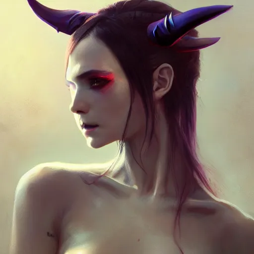 Image similar to A fancy portrait of an attractive succubus clothed by Greg Rutkowski, Sung Choi, Mitchell Mohrhauser, Maciej Kuciara, Johnson Ting, Maxim Verehin, Peter Konig, final fantasy, 8k photorealistic, cinematic lighting, HD, high details, dramatic, dark atmosphere, trending on artstation