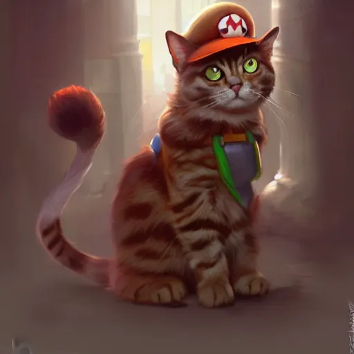 Image similar to Cat as Super Mario, highly detailed, digital painting, artstation, concept art, smooth, sharp focus, illustration, art by artgerm and greg rutkowski and alphonse mucha