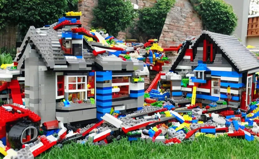 Image similar to a real house made out of lego razed by a 5 year old kid, pieces of lego laying on the lawn