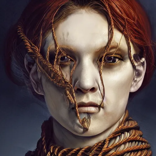 Image similar to portrait of a Shibari rope wrapped face and neck, headshot, insanely nice professional hair style, dramatic hair color, digital painting, of a old 15th century, old cyborg merchant, amber jewels, baroque, ornate clothing, scifi, realistic, hyperdetailed, chiaroscuro, concept art, art by Franz Hals and Jon Foster and Ayami Kojima and Amano and Karol Bak,