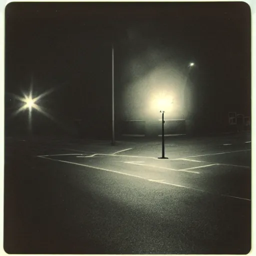 Prompt: Target building at night with fog in a car park with a single shopping trolley liminal space photograph Polaroid