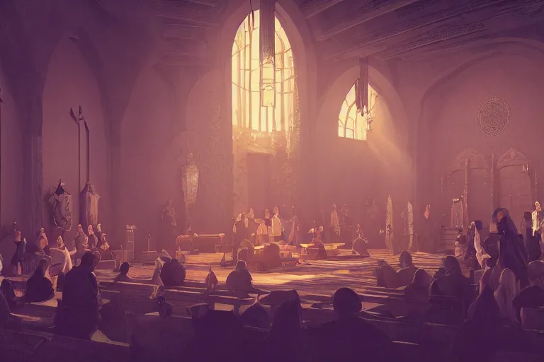 Image similar to cultist secret meeting taking place in an art deco townhall in a oriental medieval fantasy village. incredible voluminous indirect soft glow cinematic lighting, hyperdetailed features, movie still, intricate, octane render, unreal engine, crepuscular rays, god rays, by beeple and rhads and donato giancola