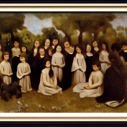 Prompt: children's choir of angels, by camille corot, painting, canvas, fine art, hard edge painting, kinemacolor, black background