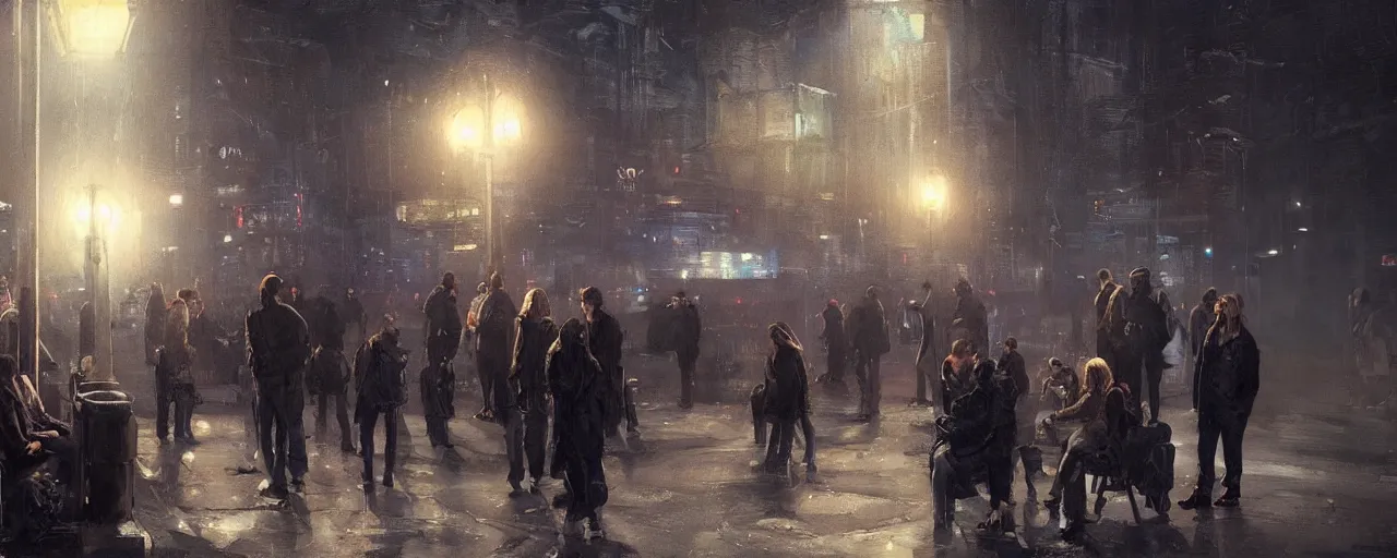 Prompt: some people waiting at the bus stop in the dark city night. most epic dramatic scene. epic cinematic hyperrealism masterpiece. realistic poster with shaded lighting by craig mallismo, artgerm, jeremy lipkin and michael garmash, unreal engine, radiant light, detailed and complex environment, digital art, art station trends