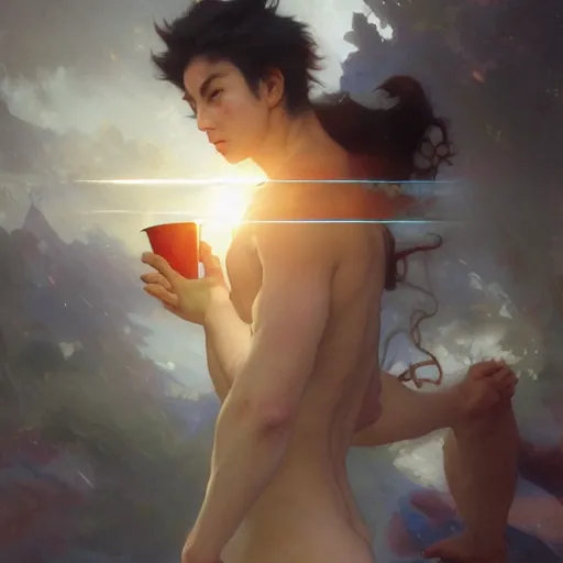 Image similar to A man drinking a cup of cosmic energy bright light, illustration by Ruan Jia and Mandy Jurgens and William-Adolphe Bouguereau, Artgerm, 4k, digital art, surreal, anime style, space dandy style, highly detailed, godsend, artstation, digital painting, concept art, smooth, sharp focus, illustration by Ruan Jia and Mandy Jurgens and William-Adolphe Bouguereau, Artgerm