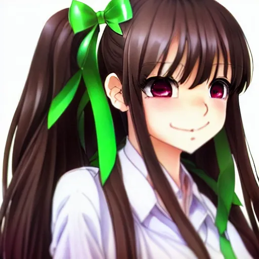 Prompt: beautiful anime high school girl, complete body view, light brown hair, ponytail, white ribbon, green eyes, full perfect face, slightly smiling, detailed school background, drawn by Artgerm, Sasoura, Satchely, no distorsion