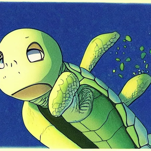 Image similar to portrait of an excited turtle with a long neck, hayao miyazaki, anime