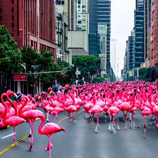 Image similar to photo of a giant flamingo attacking a city with crowd running away