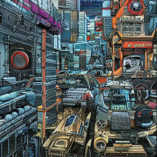 Prompt: highly detailed illustration of a sci fi city, juxtapoz magazine
