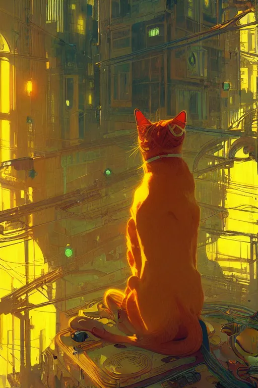 Image similar to yellow cat inside a synth wave city, highly detailed, digital painting, artstation, concept art, sharp focus, illustration, art by greg rutkowski and alphonse mucha