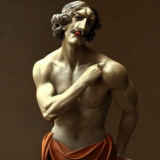 Image similar to a renaissance sculpture of a tall, muscular, handsome, gorgeous beautiful male with the face of Waluigi from Nintendo,