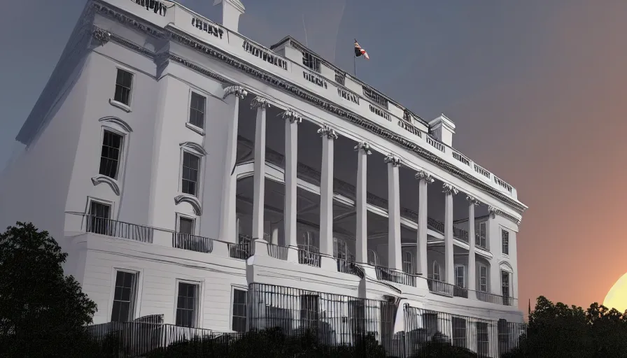 Image similar to people rebuilding white house in washington dc, scaffolding, sunset, volumetric light, hyperdetailed, artstation, cgsociety, 8 k