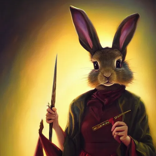 Prompt: oil painting of a rabbit dressed like a female magician holding a magic wand, urban fantasy art by seb mckinnon, artstation npc character design, top - rated