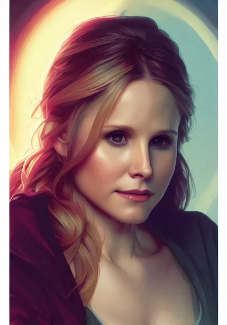 Image similar to kristen bell as buffy the vampire slayer, intricate, elegant, highly detailed, digital painting, artstation, concept art, smooth, sharp focus, illustration, art by artgerm and greg rutkowski and alphonse mucha and william - adolphe bouguereau