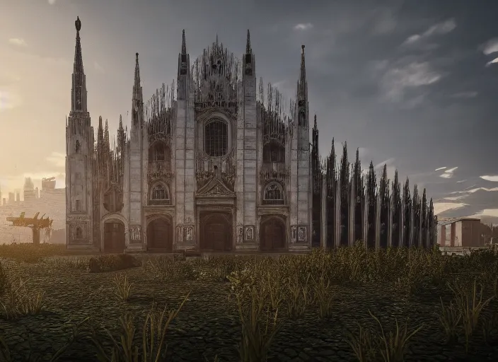 Prompt: duomo di milano post apocalyptic, vegetation, ultra realistic, insane details, cinematic, epic composition, unreal engine, octane render