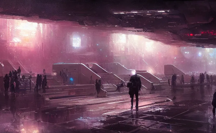 Prompt: painting of a Metro station in the middle of space galaxy by greg rutkowski and Craig Mullins, Dark atmospheric and cinematic lighting