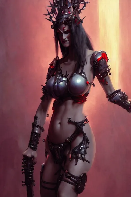 Image similar to Portrait of beautiful pale smiling cyborg succubus maiden in bikini armor with crown of thorns and glowing red eyes, cyberpunc, Warhammer 40000, digital art from artstation by Ruan Jia and Mandy Jurgens and Artgerm and william-adolphe bouguereau