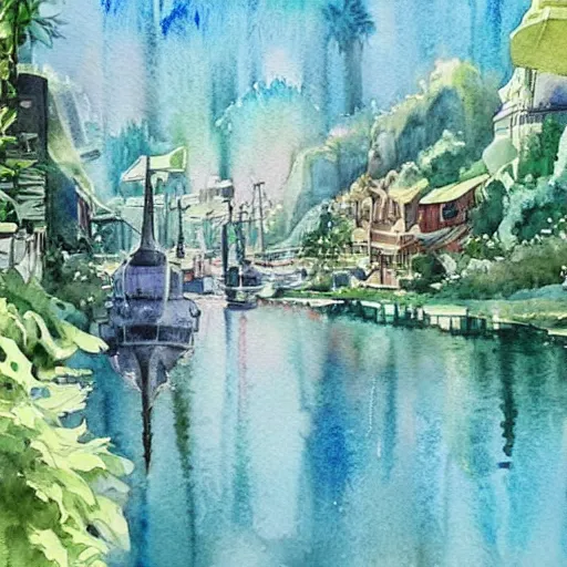 Prompt: Beautiful happy picturesque charming sci-fi town in harmony with nature. Beautiful light. Water and plants. Nice colour scheme, soft warm colour. Beautiful detailed watercolor by Vincent. (2022)