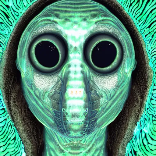 Image similar to “Holographic thermography scan of a alien with big bug eyes , the skin texture of the alien is slime with visualization of veins in 4k, the aliens mouth is human like and it has human form, worms and holes in it’s head using depth field, unreal engine, 4k concept art and hyper realism, overlay of worms on the alien head”