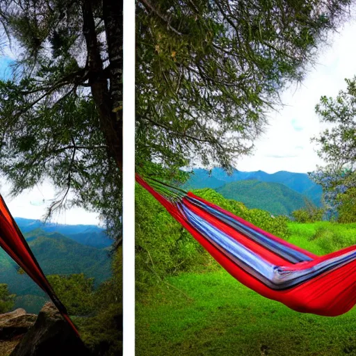 Image similar to relaxing in a hammock on top of a mountain, amazing views, award winning photography, highly detailed