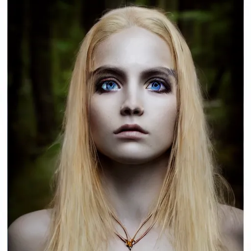 Prompt: very pretty blond dragon girl with scales for skin and huge dragon wings in a dark forest, perfect symmetrical face, shallow depth of field, moody lighting, single point of light, 8 k, ultra realistic, in the style of,