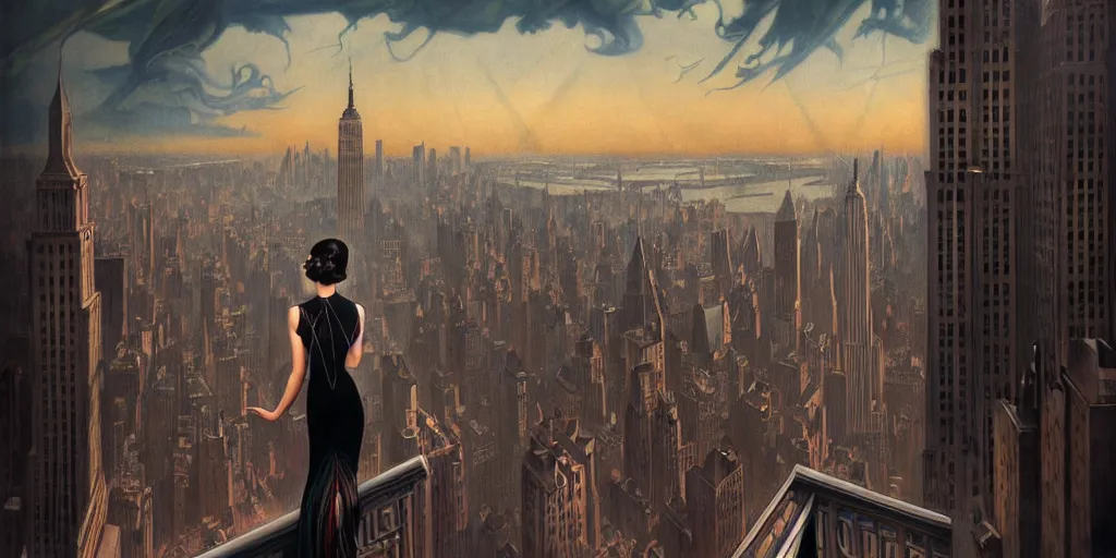 Prompt: a woman standing on a balcony overlooking an axonometric 1920s New York City at dusk, by Rolf Armstrong and Evelyn De Morgan and Bastien Lecouffe-Deharme, dramatic lighting, high contrast colors, baroque, empyrean, panoramic view, as trending on Artstation, highly detailed, doom engine,