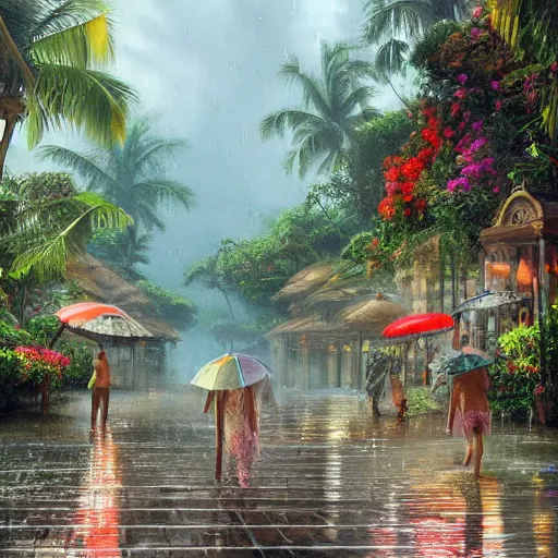 Image similar to monsoon on tropical island, ornate, beautiful, atmosphere, vibe, mist, coconuts, rain, wet, pristine, puddles, melting, dripping, snow, creek, lush, ice, bridge, forest, roses, flowers, by stanley artgerm lau, greg rutkowski, contest winner, trending on artstation