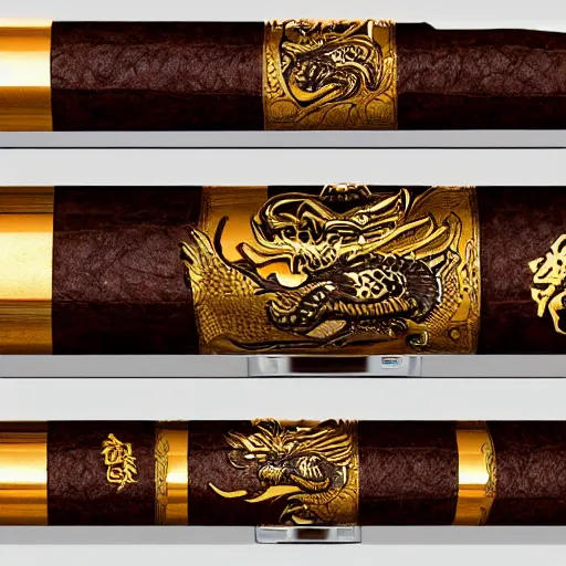 Prompt: digital art of the most rare and quality rich dragon themed cigar set you could ever obtain in a lucid dream, astonishing detail, award winning, fantastic composition, beautiful lighting