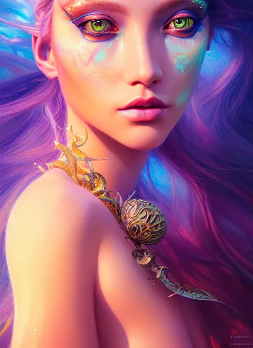 Image similar to portrait of sea queen, fantasy, rule of thirds, intricate, neon highlights, octane render, detailed, beautiful, unreal engine, symmetrical!!, loreal, maybelline, sephora, loreal, artstation, art by karol bak, art by artgerm, rossdraws, cinematic, concept art, filmic, vsco
